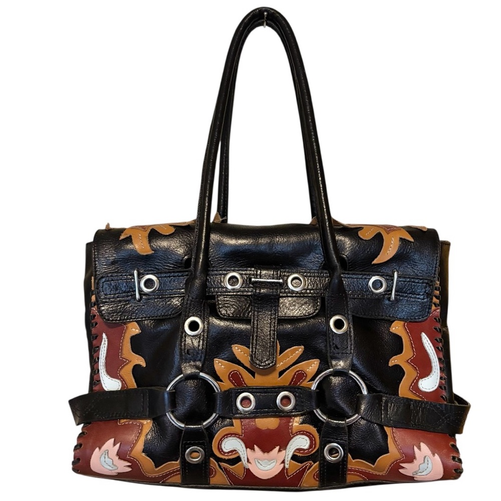 Western Tooled Vegan Leather Black Brown Embellished Handbag Gisele Satchel Y2K